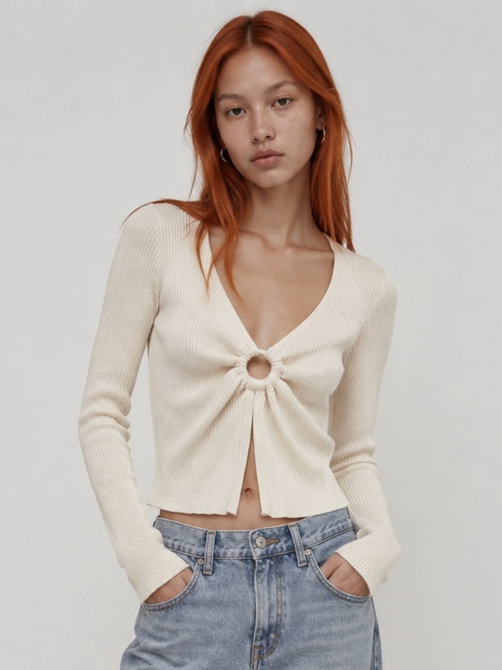 Aeropostale Ribbed Knot Front Sweater Top Ivory Cream V Neck NWT XS